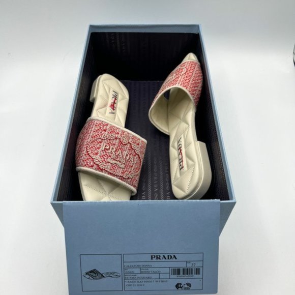 PRADA Logo Jacquard Slide Sandal White and Red Store Display Shoe - Picture 13 of 13